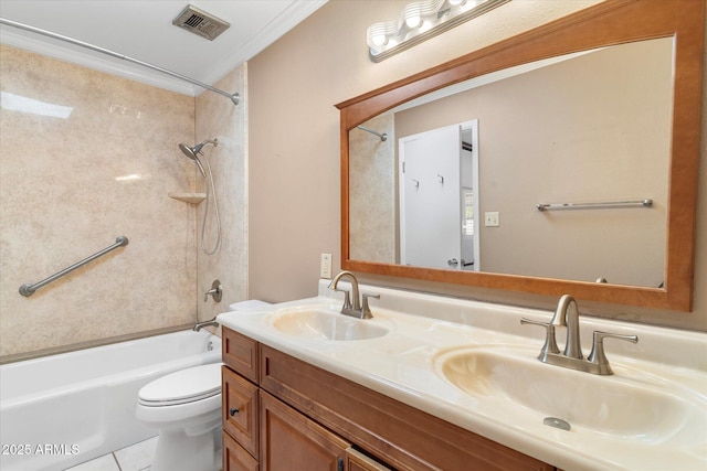 full bathroom with tile patterned flooring, vanity, ornamental molding, toilet, and tiled shower / bath