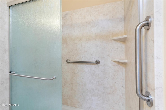 bathroom featuring a shower with shower door