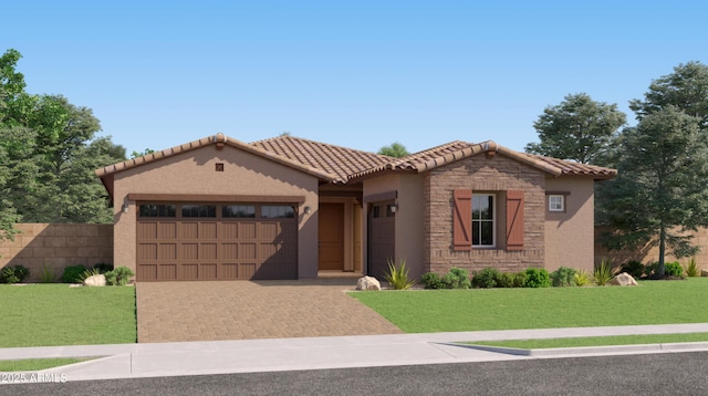 7854 W Tether Trl, Peoria, AZ 85383 - mediterranean / spanish home with a garage, stucco siding, a tile roof, decorative driveway, and stone siding