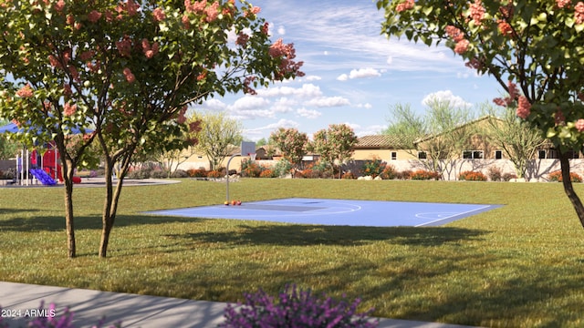 7854 W Tether Trl, Peoria, AZ 85383 - view of sport court featuring basketball hoop, a yard, and a playground