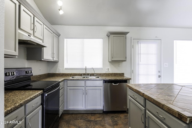 kitchen with gray cabinets, sink, black electric range oven, and stainless steel dishwasher