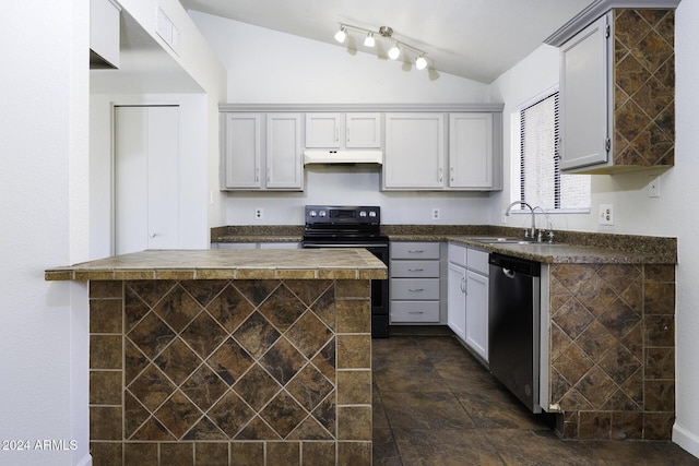 kitchen with gray cabinetry, vaulted ceiling, sink, dishwasher, and black / electric stove