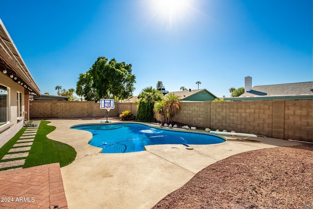 view of swimming pool with a patio and a diving board