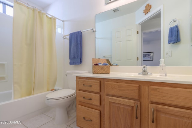 full bathroom with shower / tub combo, vanity, toilet, and tile patterned flooring