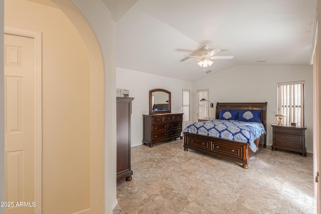 bedroom with vaulted ceiling and ceiling fan