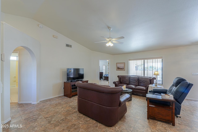 living room with vaulted ceiling and ceiling fan