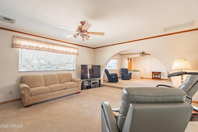 3109 N 81st St, Scottsdale, AZ 85251 - carpeted living area with a ceiling fan, ornamental molding, arched walkways, and baseboards