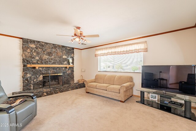 3109 N 81st St, Scottsdale, AZ 85251 - living area with carpet, crown molding, ceiling fan, and a stone fireplace