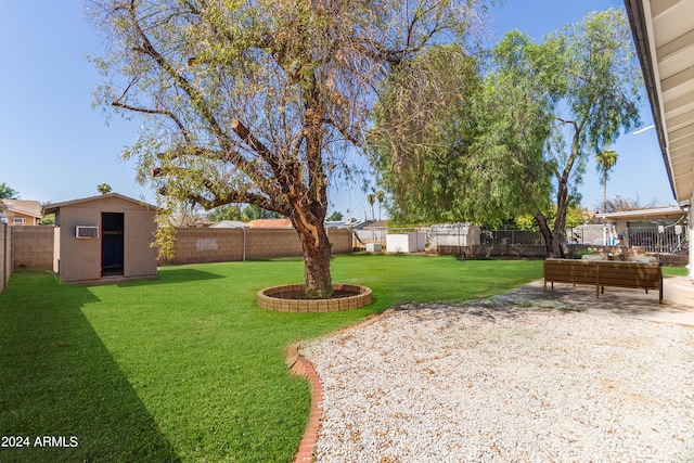 view of yard featuring a storage shed