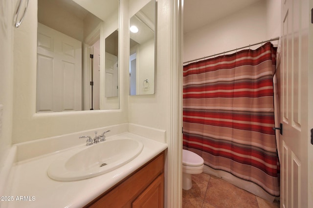 full bath featuring a shower with shower curtain, vanity, toilet, and tile patterned floors