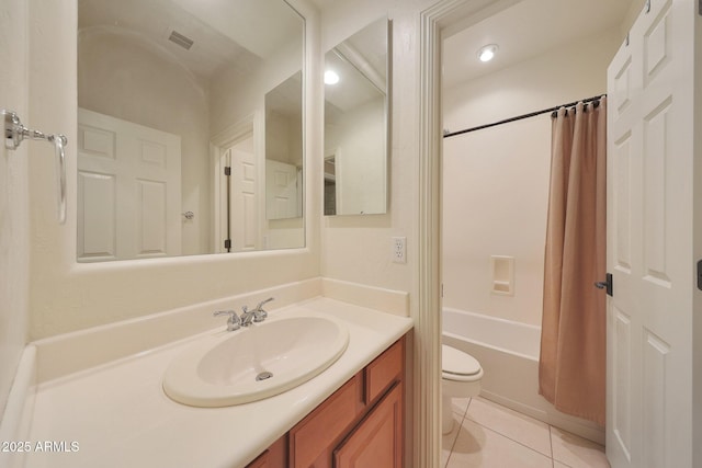 full bath featuring shower / tub combo, visible vents, toilet, tile patterned flooring, and vanity