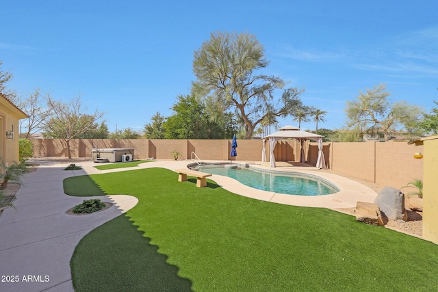 view of swimming pool featuring a fenced in pool, a patio area, a fenced backyard, and a gazebo