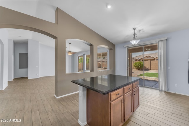 kitchen featuring light wood finished floors, a wealth of natural light, and ceiling fan