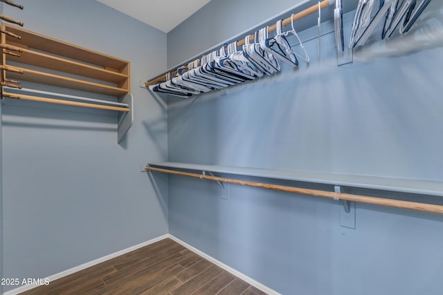 walk in closet with dark wood-style floors
