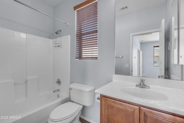full bathroom featuring plenty of natural light, toilet, visible vents, and washtub / shower combination