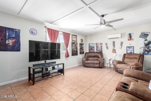 tiled living room featuring an AC wall unit and ceiling fan