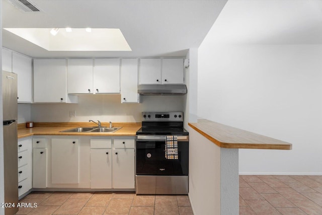 kitchen with light tile patterned flooring, sink, kitchen peninsula, white cabinetry, and electric stove