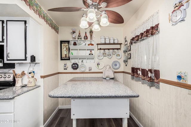 kitchen with ceiling fan, stainless steel electric range oven, dark wood-style floors, and wainscoting