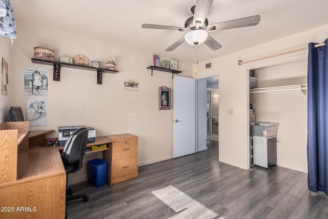 home office with visible vents, wood finished floors, and a ceiling fan