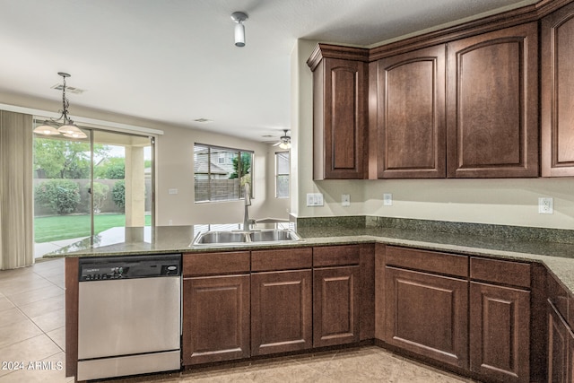 kitchen featuring dishwasher, sink, kitchen peninsula, dark brown cabinetry, and ceiling fan