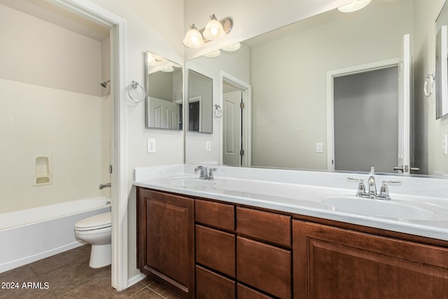 full bathroom featuring vanity, tile patterned flooring, toilet, and shower / bathtub combination