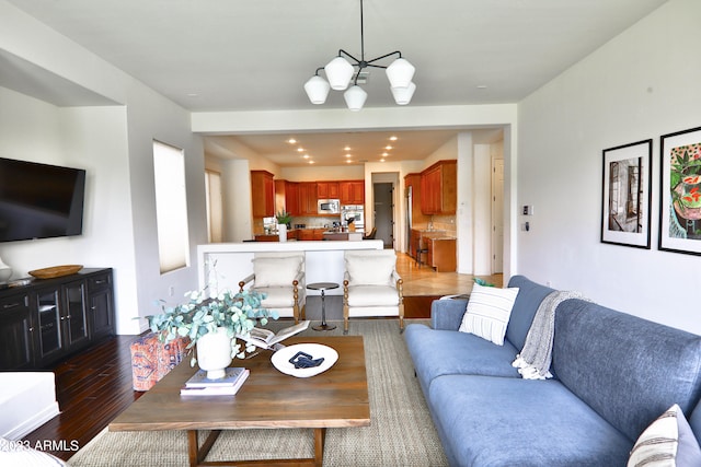 living room featuring dark wood-type flooring