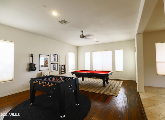 playroom featuring pool table, ceiling fan, and hardwood / wood-style floors