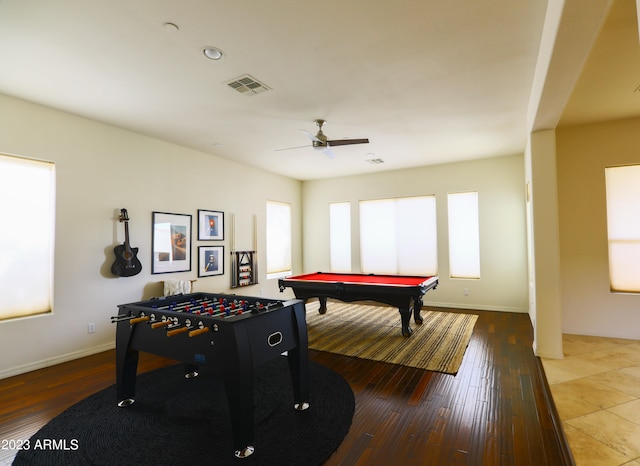 game room featuring pool table, hardwood / wood-style floors, and ceiling fan