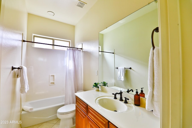 full bathroom featuring shower / tub combo, tile patterned floors, vanity, and toilet