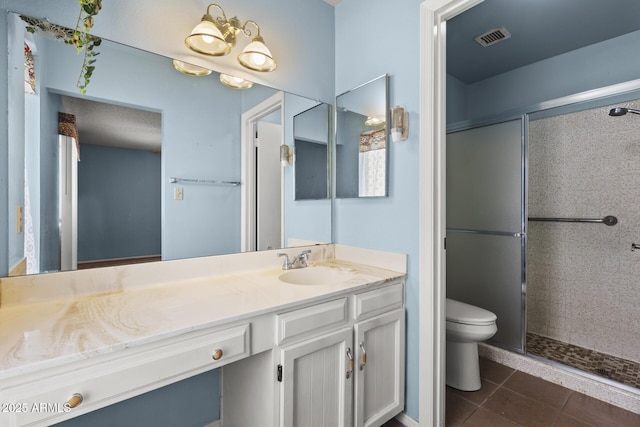 bathroom with a stall shower, visible vents, toilet, tile patterned floors, and vanity