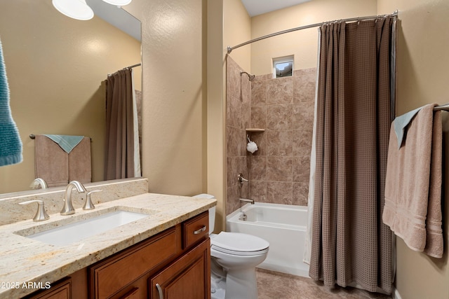 full bathroom featuring vanity, shower / bath combination with curtain, and toilet