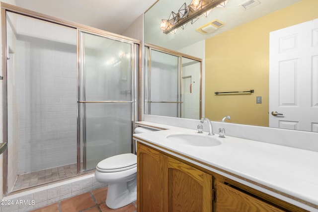 bathroom featuring visible vents, toilet, tile patterned floors, vanity, and a shower stall