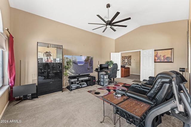 living room with ceiling fan, carpet, and vaulted ceiling