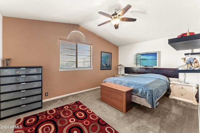 bedroom featuring carpet floors, ceiling fan, and lofted ceiling