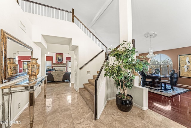 stairway with a high ceiling