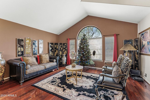 living room with dark hardwood / wood-style floors and vaulted ceiling