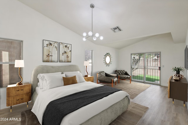 bedroom featuring wood finished floors, visible vents, an inviting chandelier, vaulted ceiling, and access to outside