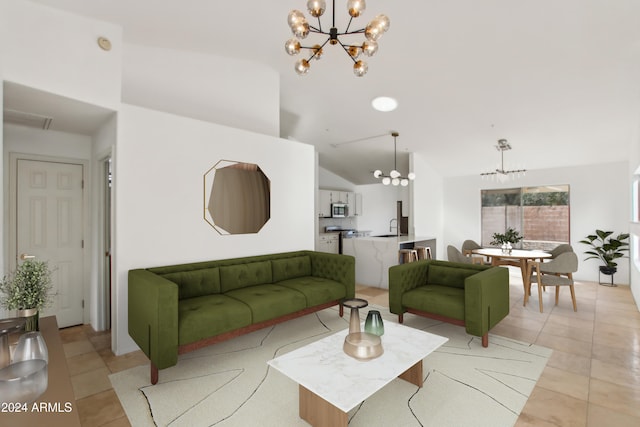 living room featuring high vaulted ceiling, a chandelier, and light tile patterned flooring