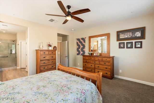 bedroom featuring baseboards, visible vents, ceiling fan, and carpet flooring