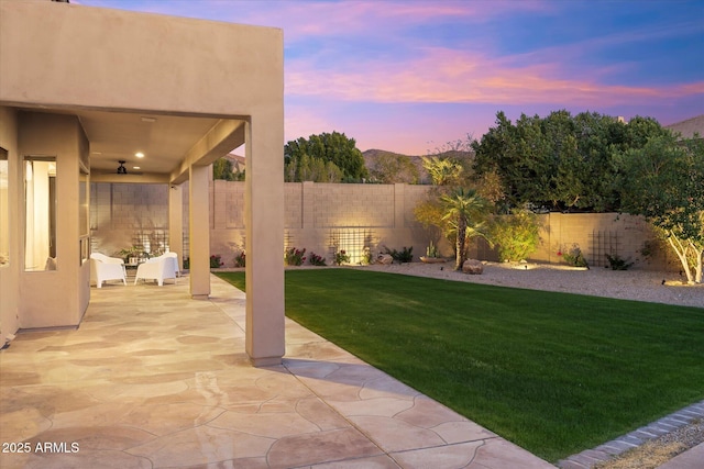 view of yard featuring a patio area and a fenced backyard