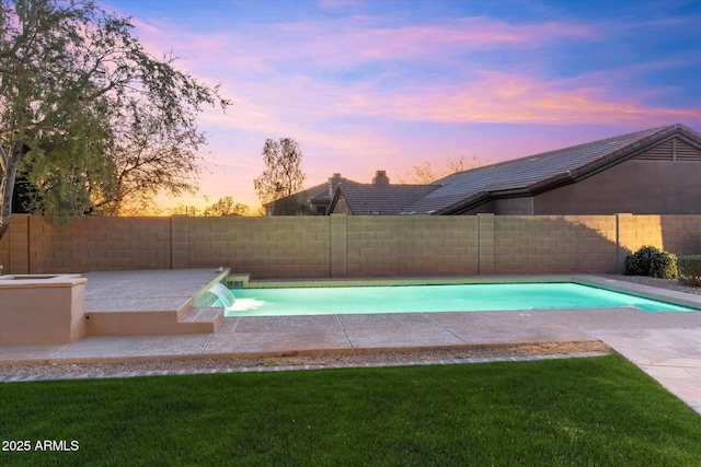 view of pool featuring a fenced in pool, a patio area, a fenced backyard, and a yard