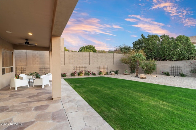 view of yard with a ceiling fan, a patio area, and a fenced backyard