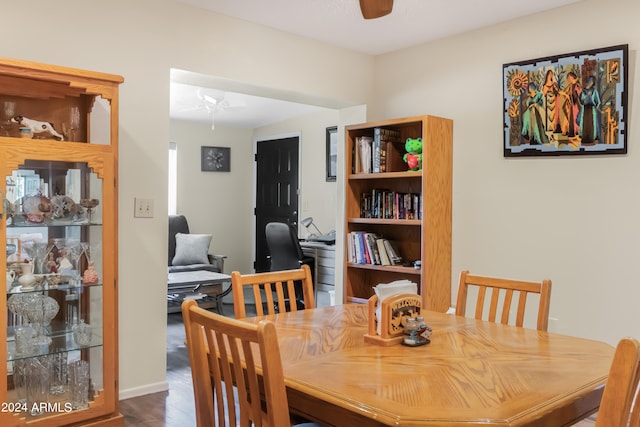 dining room featuring ceiling fan and dark wood-type flooring