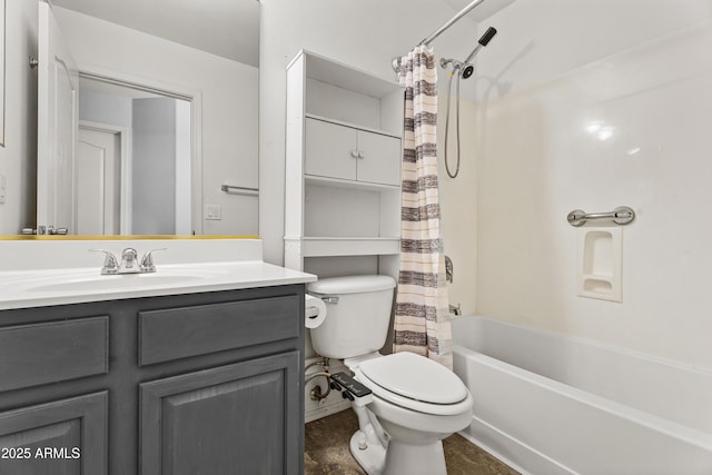 full bathroom featuring toilet, vanity, and shower / bath combination with curtain