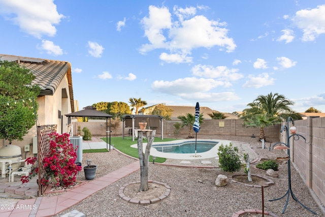 view of pool featuring central air condition unit, a gazebo, and a patio