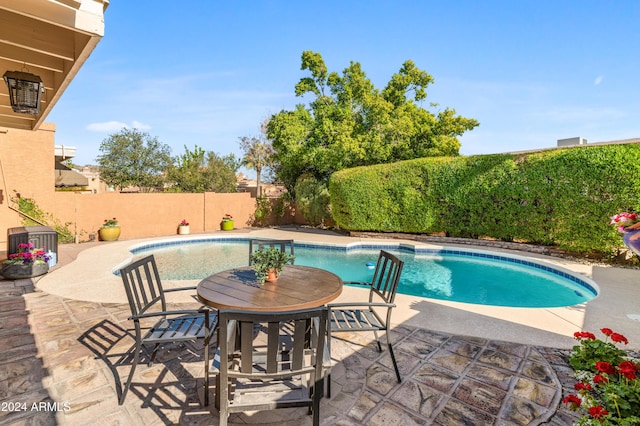 view of pool featuring a patio and central air condition unit