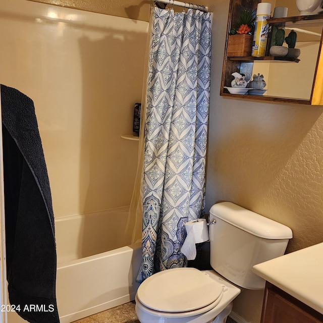 full bathroom with shower / bath combination with curtain, toilet, and vanity