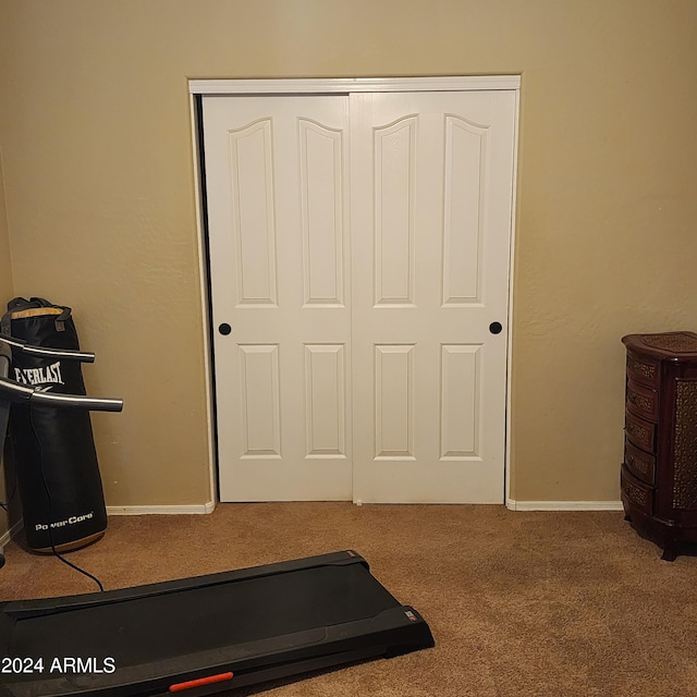 workout room featuring carpet