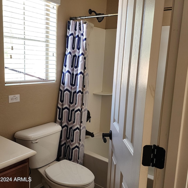 full bathroom with vanity, toilet, and shower / bathtub combination with curtain