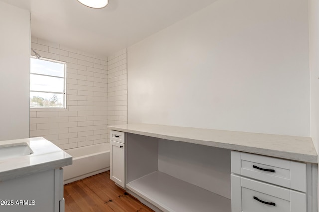 interior space with washtub / shower combination, wood finished floors, and vanity